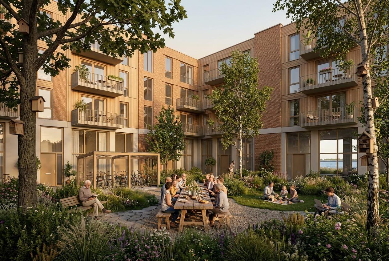 Impressie: bewoners eten samen aan een lange tafel in een groene binnentuin tussen houten en bakstenen woongebouwen