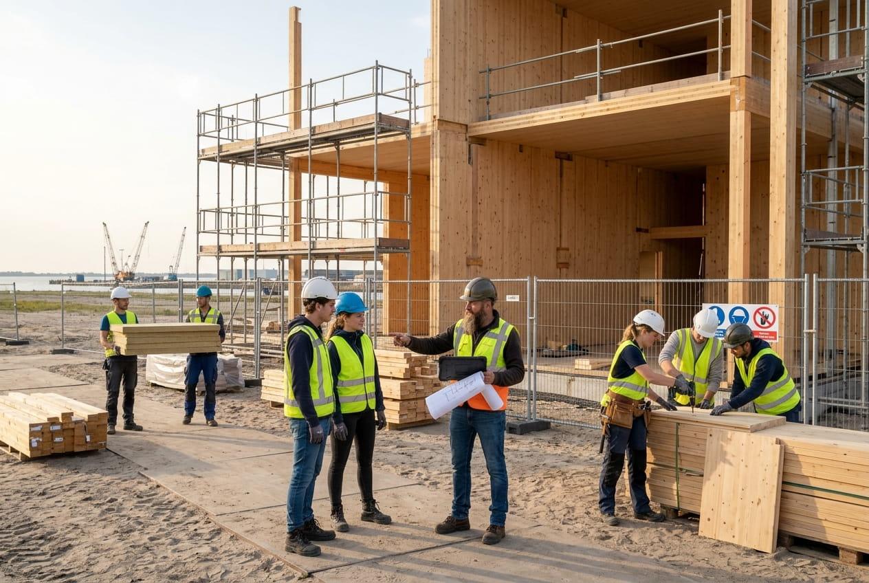 Sfeerbeeld: bewoners in helm en veiligheidshesje krijgen uitleg bij een houten gebouw in aanbouw