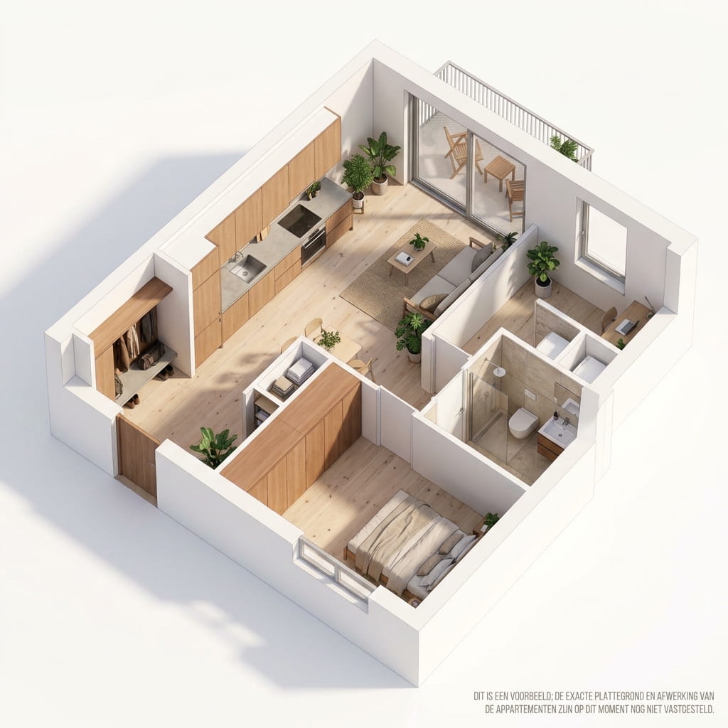 Voorbeeld van een woning in 3D-doorsnede: open keuken en woonkamer met balkon, een slaapkamer, een badkamer en een werkplek